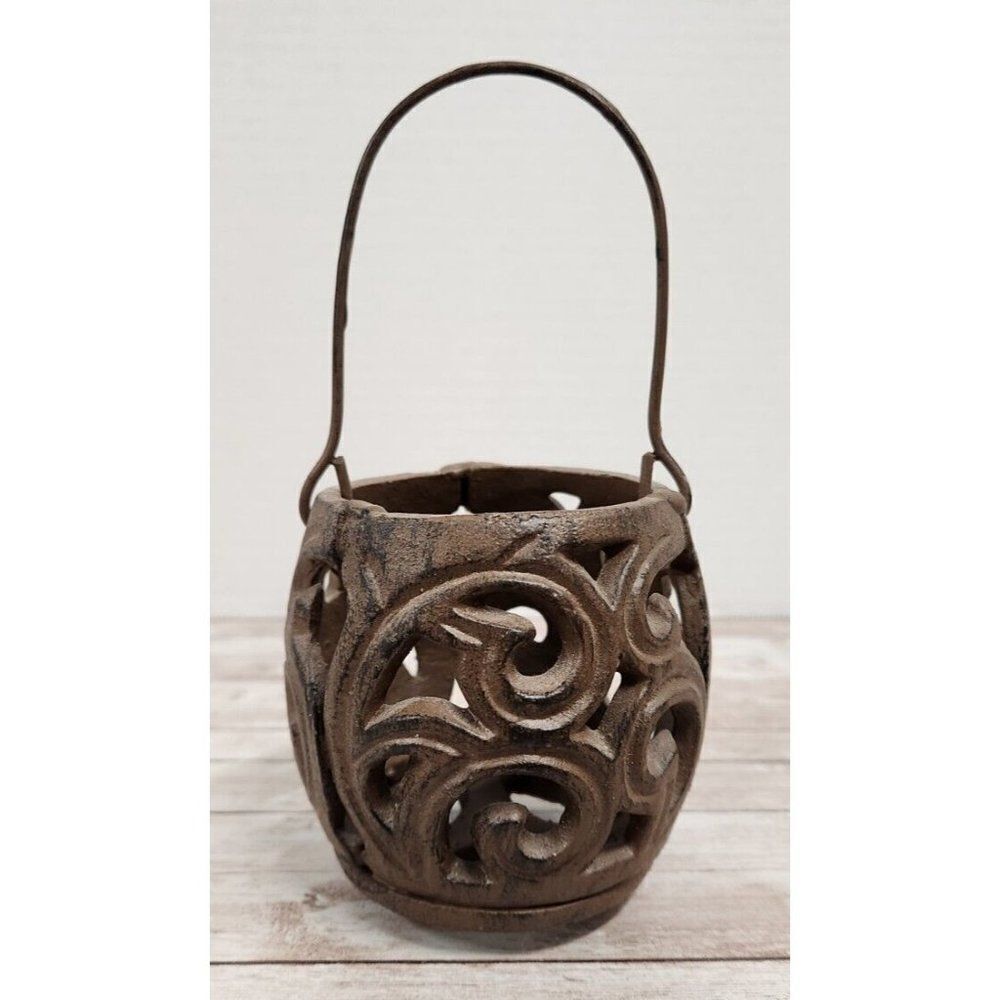 Metal Basket Home Bronze Candle Holder Handle Heavy Weight 7" W/ Handle 3" Deep